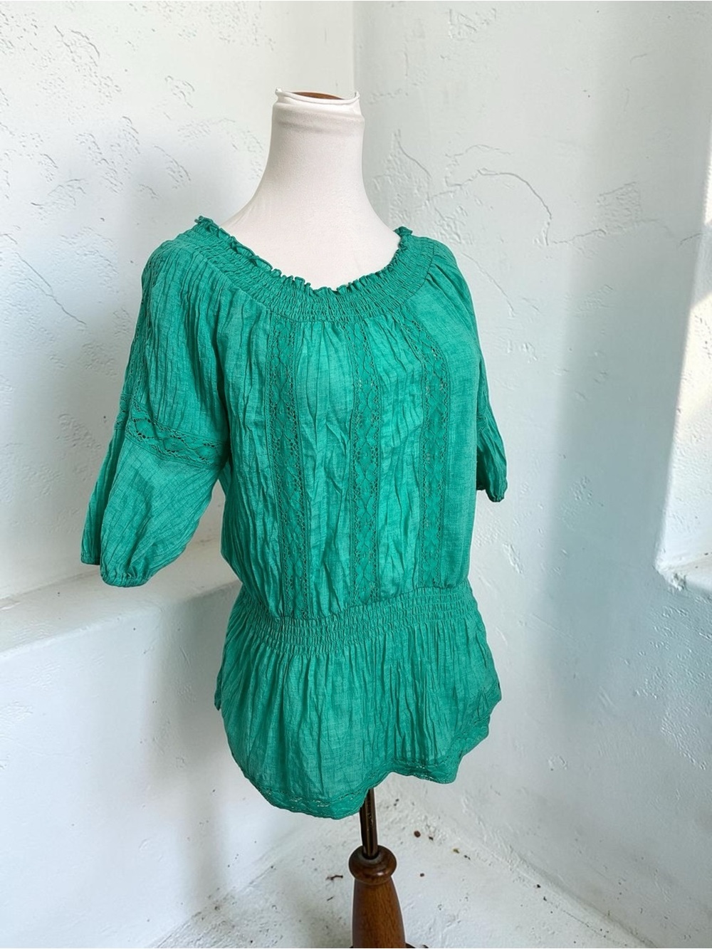 Bebe Emerald Green Peasant Blouse | Boho Cottagecore Top | Off Shoulder Smocked